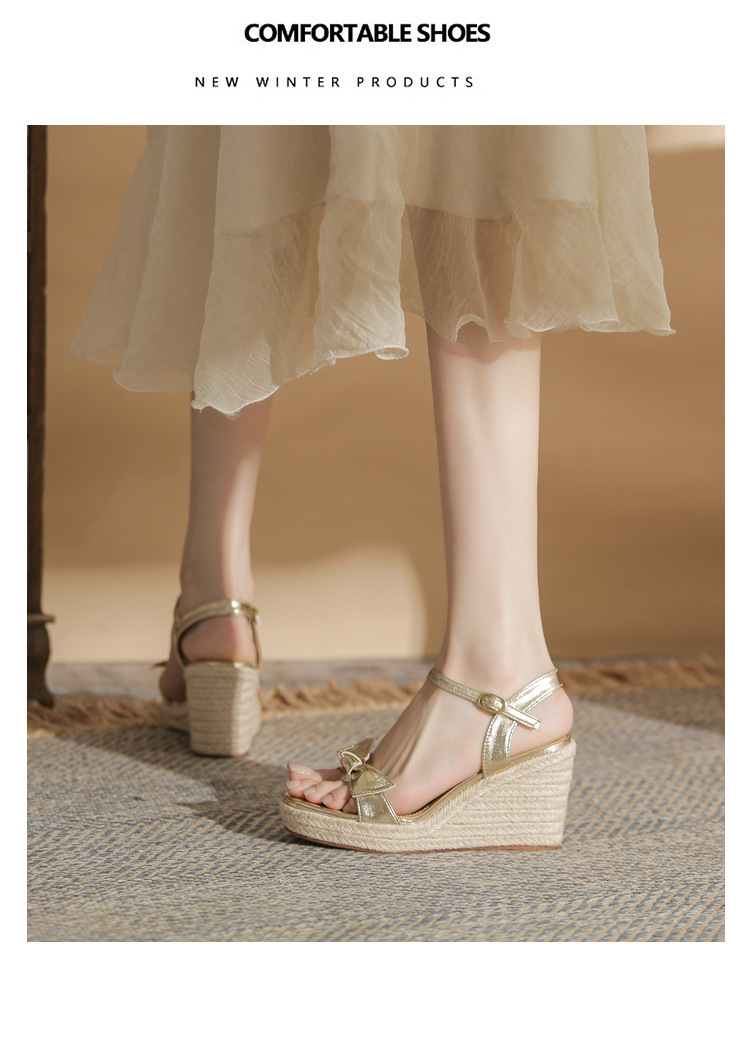 Sandal nữ quai một chữ gót xuồng đế cao 9cm nơ đính phối hợp đi biển — Màu bạc, màu vàng kim