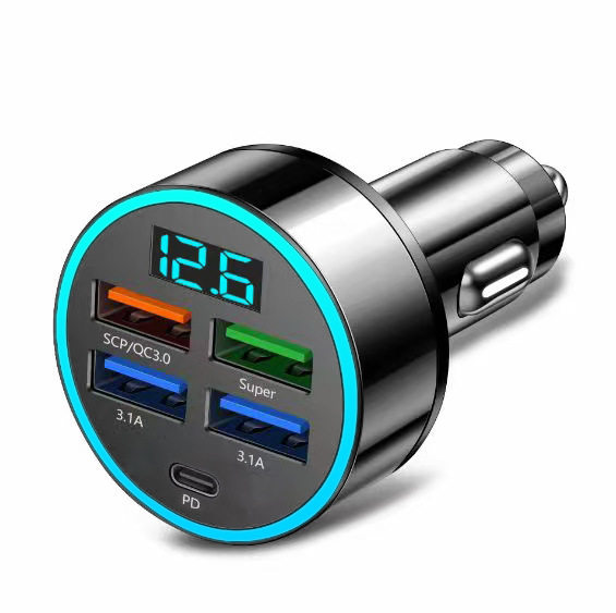 New digital display car charger 4usb 66W fast charge PD mobile phone charging head one drag four QC3.0 car charger