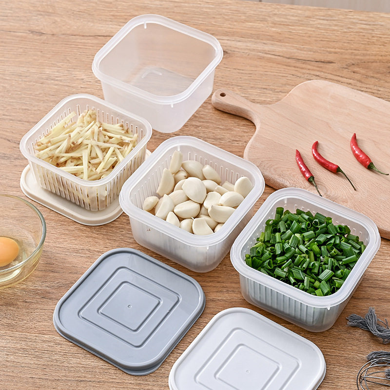 Q5273 Green Onion Preservation Box for Home Kitchen, Double-Layer Storage Box for Green Onions, Ginger, and Garlic, with Drainage Function, Refrigerator Storage