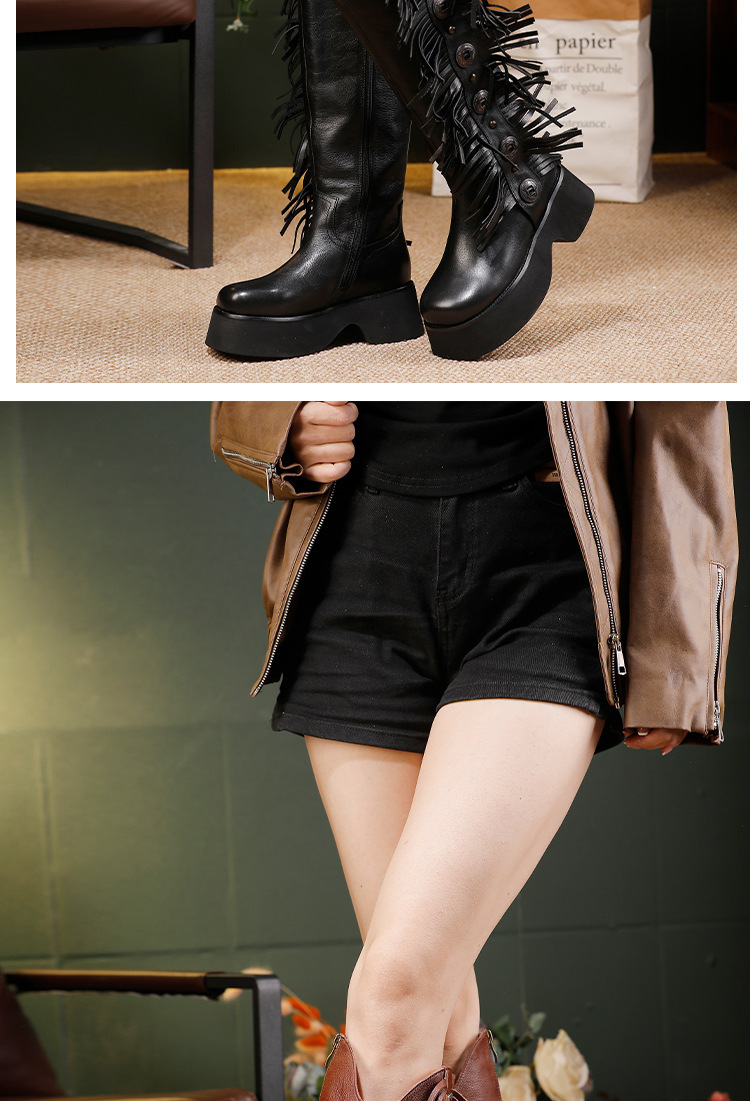 Boot nữ cổ cao da bò thật gót vừa tua rua khóa kéo bên — màu đen, màu nâu