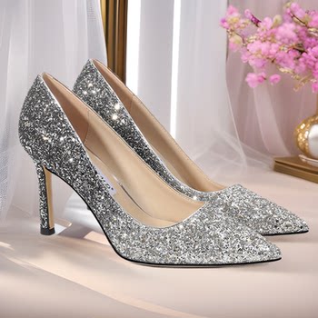 2023 Spring New Bridal Shoes Pointed Toe High Heels Women's Stiletto Gradient Crystal Shoes Wedding Banquet Bridesmaid Shoes Single Shoes Light Luxury