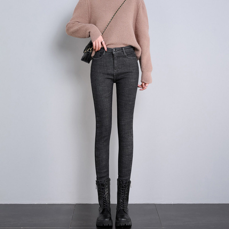 High Waisted Vintage Denim Pants Thickened Fleece Lined Slim Fit Autumn Winter Womens Fashion Wholesale Available
