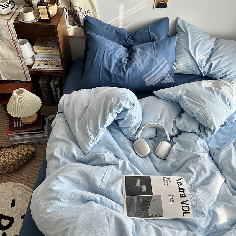 Class a Simple Pure Color Washed Cotton Four-Piece Set Single and Double Student Dormitory Quilt Cover Bed Sheets Three-Piece Set Universal for All Seasons
