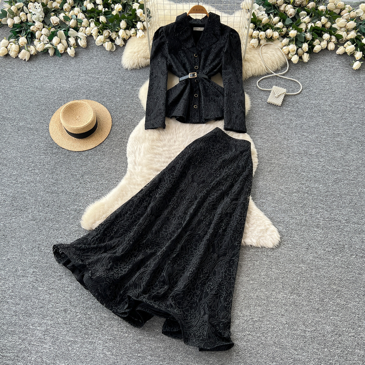 French Style V Neck Lace Top and Midi Skirt Set Elegant Slim Fit Autumn Wear Perfect for Office and Formal Occasions