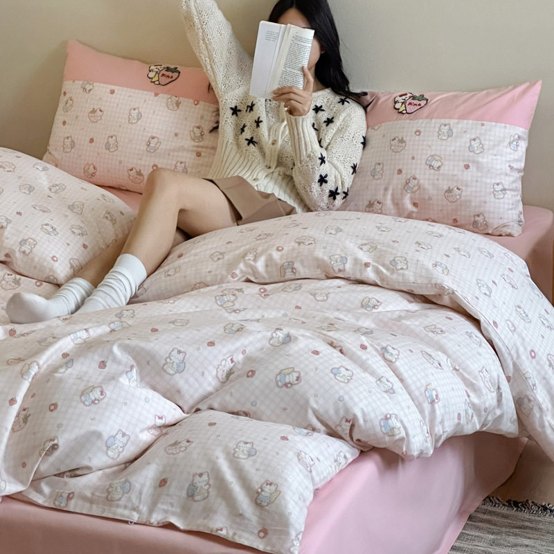 Cotton Stitching Process Four-piece Set Exquisite Cartoon Small Embroidery Double Stitching Layered Bedding small size Three-piece Standard Four-piece
