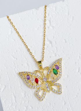 欧美跨境货源小众个性嘻哈时尚饰品设计感彩色锆石蝴蝶项链吊坠女