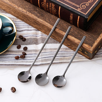304 Stainless Steel Small Round Spoon Small Long Handle Ice Cream Mini Stirring Coffee Household Dessert Seasoning Spoon Round Head