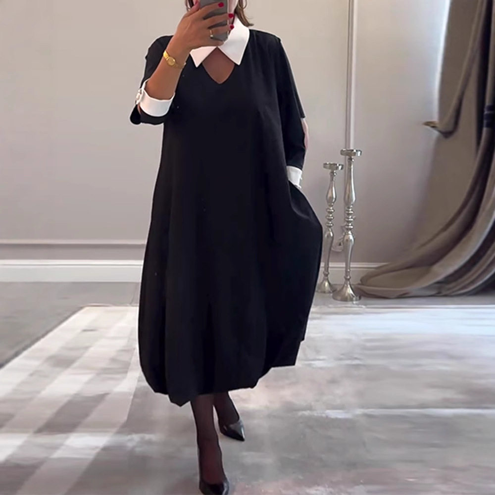 Loose Fit Long Sleeve Shirt Dress Color Block Design Pocket Detail Versatile Style Perfect for Casual Outings OEM
