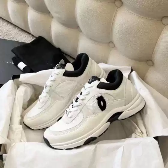 Cross-Border Spring and Autumn Classic Chanel-Style Dad Shoes, Thick-Soled Breathable Genuine Leather White Sneakers, Versatile Casual Sports Shoes for Couples