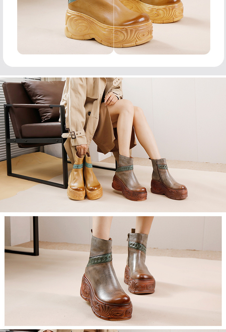 Boot nữ da bò cổ thấp gót cao khóa kéo bên — Màu kaki, Màu xám