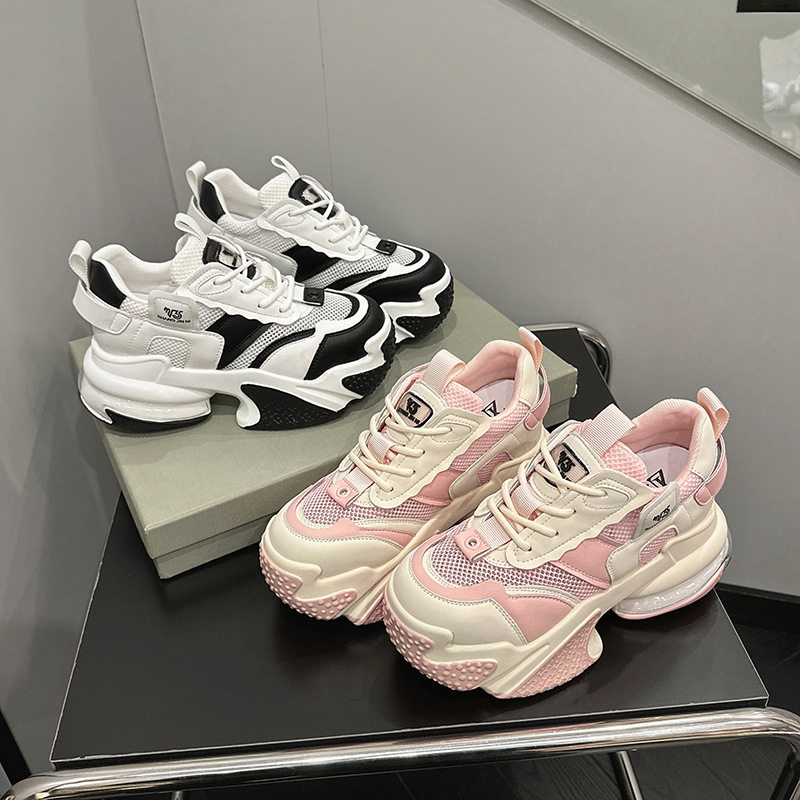 Giày sneaker nữ chunky đế dày da bò thật phối lưới thoáng khí, gót siêu cao 8 cm, tăng chiều cao — Trắng, đen, Xám, Hồng