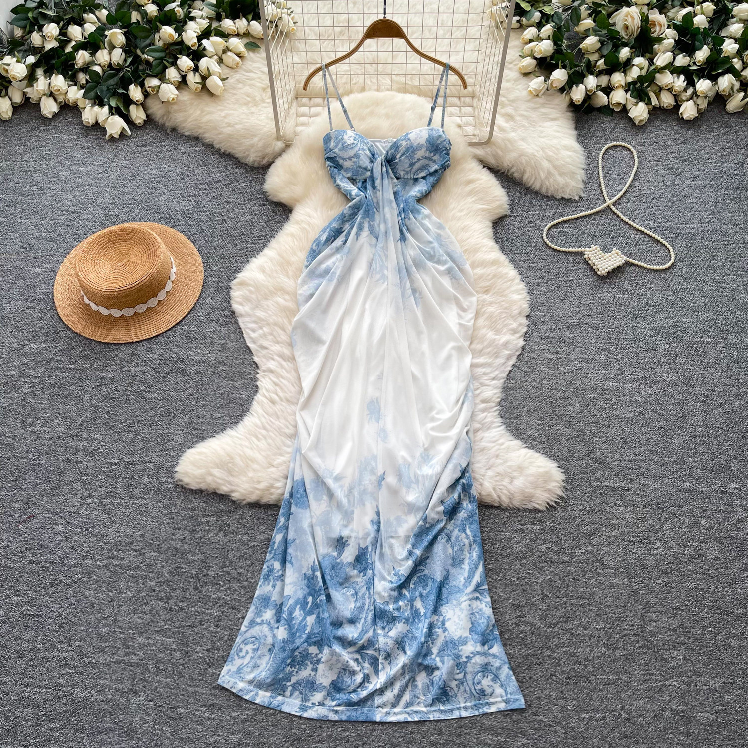 Floral Print Maxi Dress Blue and White Porcelain Design Irregular Hem Waist Cinching Elegant Style Perfect for
