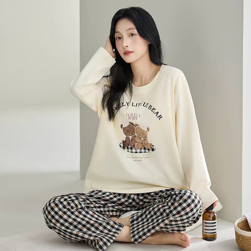 大量批发睡衣女春秋款长袖秋冬季家居服女加大码简约宽松套装外穿