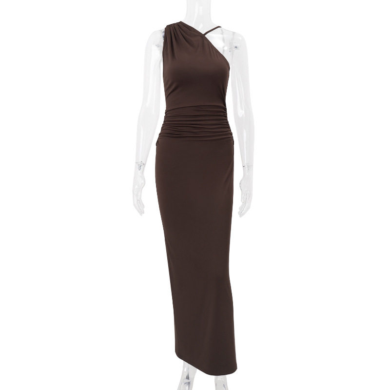 Elegant Womens Bodycon Dress Solid Color Asymmetrical Shoulder Sleeveless Ruched Design Spring Summer Occasion