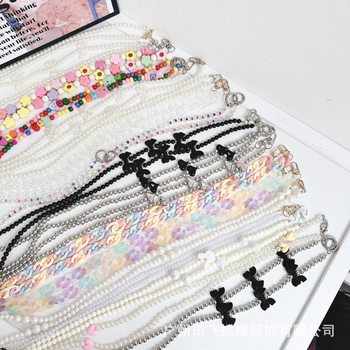 Headphone Case Hanging Rope Back Clip Rope Bowknot Love Color Button Handmade Bead Chain Mobile Phone Case Crossover Hanging Rope Long Chain