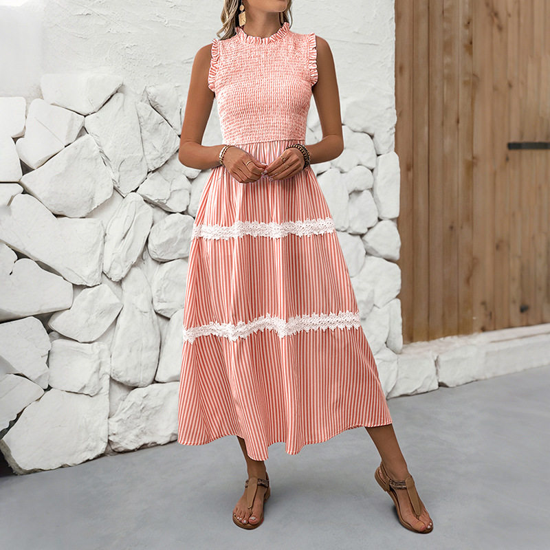 Summer Sleeveless Dress Sweet Lace Trim Striped Pattern Casual Style Perfect for Warm Weather Occasions Wholesale