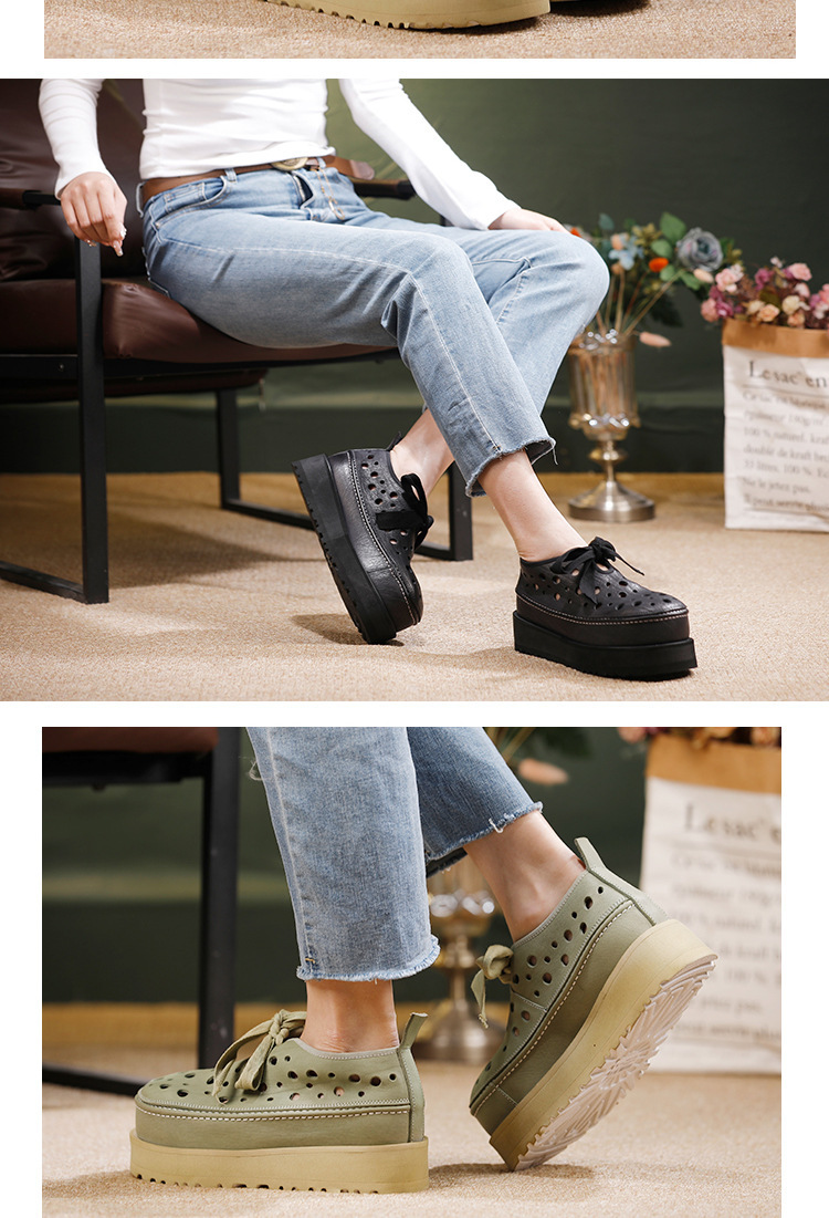 Sandal nữ đế dày 7cm da bò đầu lớp, mũi tròn, quai buộc phía trước — màu đen, Xanh nhạt