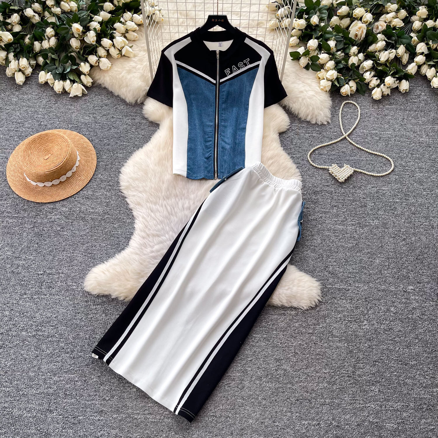Fashion Color Block Striped Short Sleeve Two Piece Set Slim Fit High Waist Casual Style Summer Office Wear