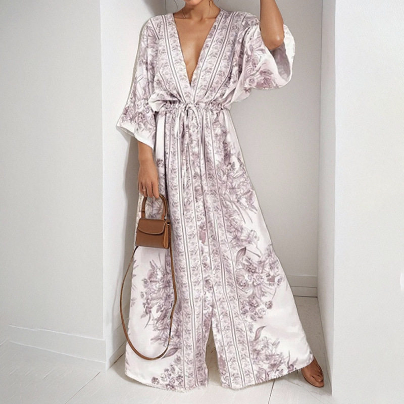 Elegant Floral V Neck Tie Waist Long Dress Spring Collection Womens Fashion Comfortable Fit Wholesale Available