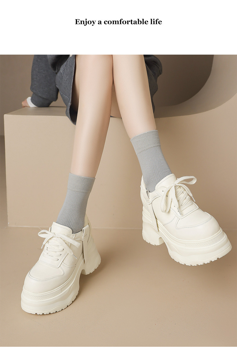 Giày sneaker nữ da bò thật đế dày tăng chiều cao 12cm dáng dad shoes buộc dây — Màu đen, Màu trắng