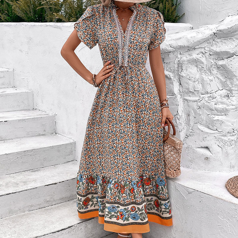 Floral A Line Dress Short Sleeve French Country Style Summer Fashion Wholesale Available customizable