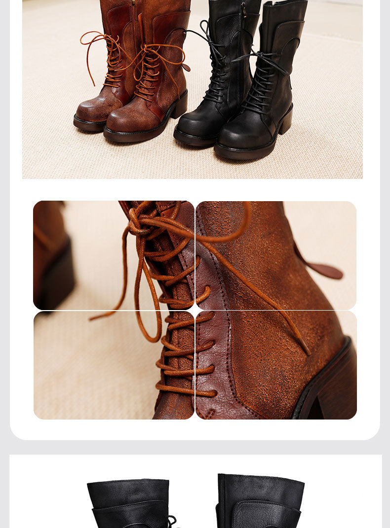 Boot Martin nữ da bò thật cổ trung, khóa kéo bên, gót vuông — Màu cà phê, Màu đen