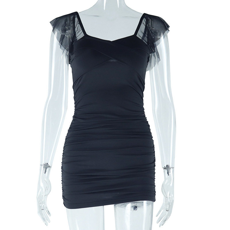 Short Sleeve Square Neck Bodycon Dress Solid Color Ruched Sexy Fit Spring Fashion for Women OEM Available