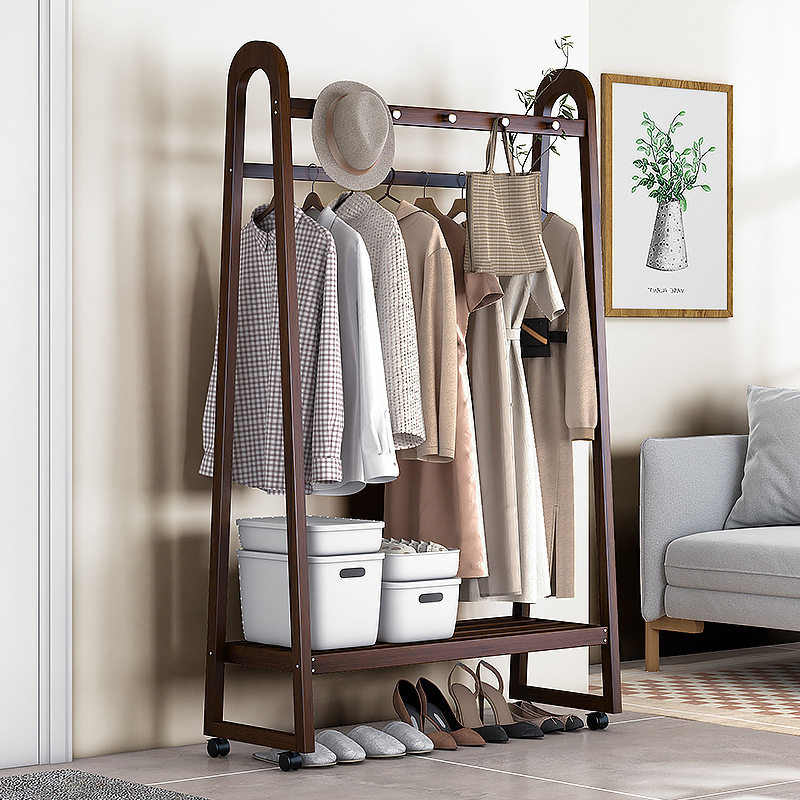 Solid Wood Coat Rack Bedroom Floor-Standing Household Wheeled Hanger Double-Rod Bag Rack Simple Bracket Clothes Rack