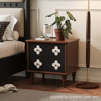 Retro Bedside Table Solid Wood Small Storage Walnut Color Mid-Century Style French Storage Low Cabinet Home Bedroom Bedside Cabinet