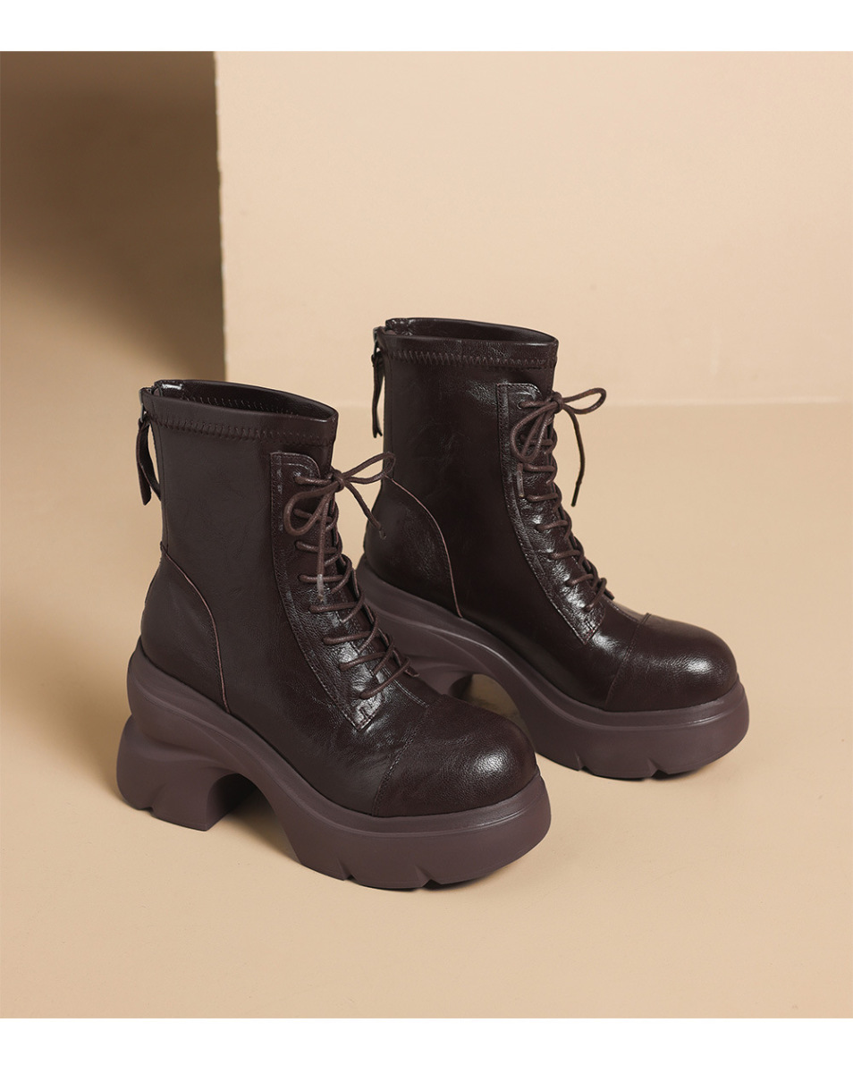 Boot nữ cổ thấp gót 10cm đế dày co giãn khóa kéo sau — Bảng màu nâu, Màu đen bên trong, Màu nâu., Trong danh sách đen
