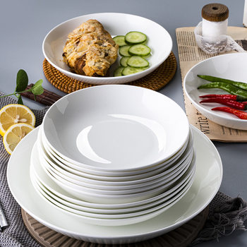 Ceramic White 8inch Deep Plates, Set of 10, Bone China Underglaze Color, Household Round Plates, Rice Plates, Soup Plates, Deep Dish Plates