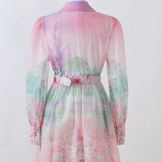 French Romantic Gradient Print Dress Long Sleeve Button Closure Waist Tie Elegant Style Summer Wear Wholesale