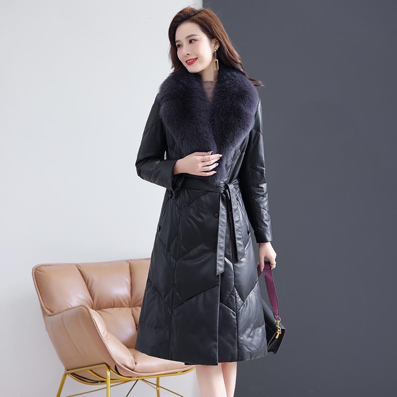 Áo khoác da cừu dáng dài cổ lông cáo — Màu đen