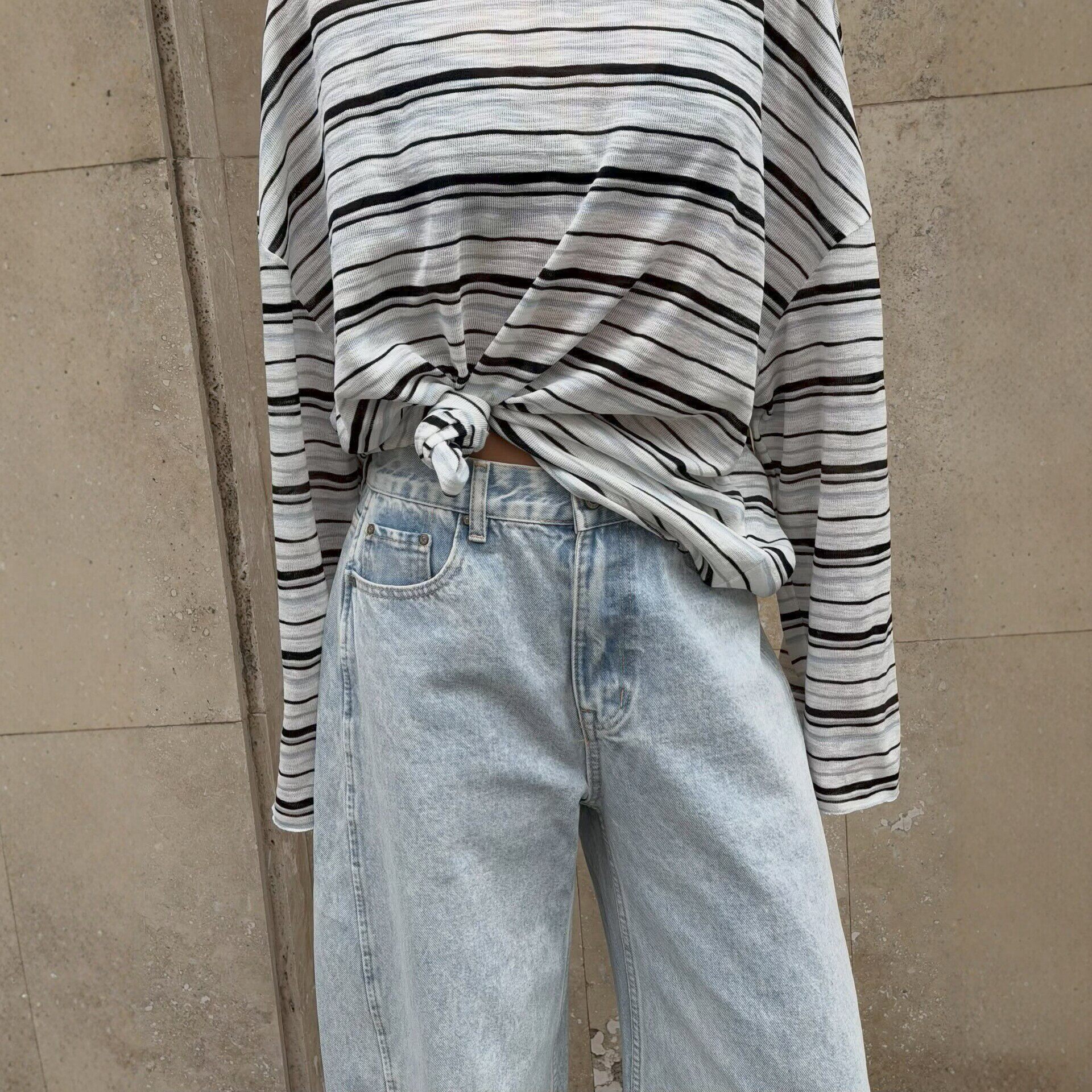 Striped Loose Fit Long Sleeve T Shirt for Women Stylish Knot Design Casual Everyday Wear Wholesale Available