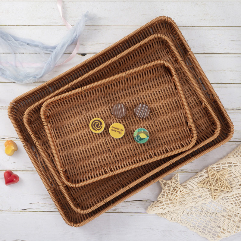 Imitation Rattan Basket Bread Fruit Basket Tray Plastic Woven Basket Coffee Table Desktop Storage Basket Bathroom Cosmetic Sundries Basket