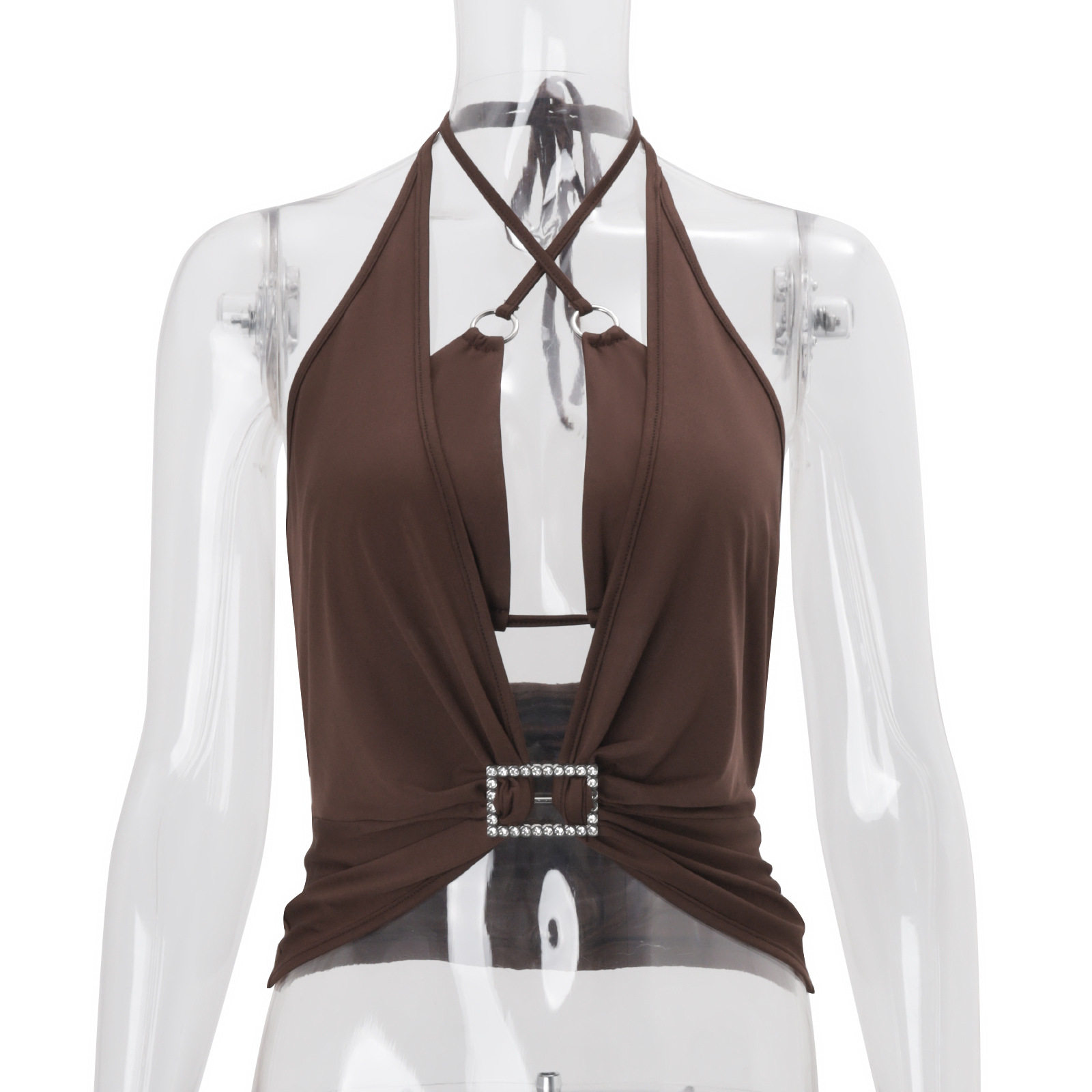 Womens Spring Sexy Hollow Out Deep V Neck Solid Color Halter Top and Bottom Set Trendy Chic Versatile Wholesale