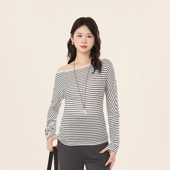 Maternity Tops Spring & Fall 2025 New Lace Stripesd Long-Sleeved T-Shirt Lyocell Slant Collar Off-Shoulder Bottoming Shirt Autumn Wear