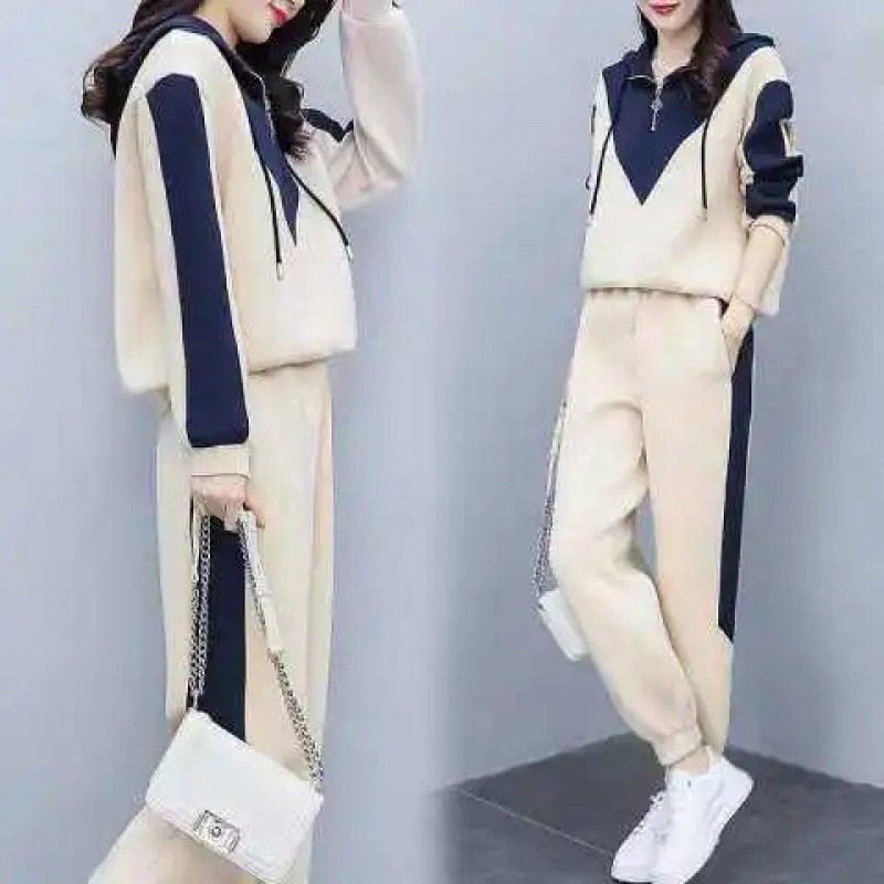 Casual Fashion Sports Suit Women's 2023 Spring New Loose Waist Slimming Patchwork Sweatshirt Two-Piece Set Western Style