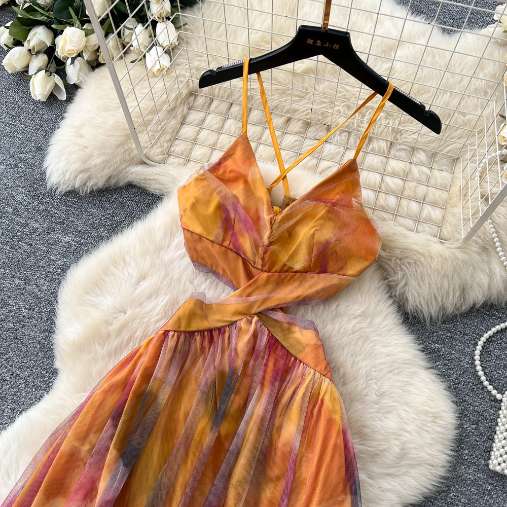 Summer Vacation Tie Dye Maxi Dress for Women V Neck Waist Cut Out Sheer Mesh Elegant Style Perfect for Beach or