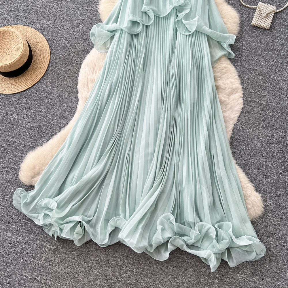 Elegant Mint Green Sleeveless Halter Dress Ruffled Hem Pleated Design Slim Fit Perfect for Early Summer Events