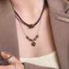 Leather Tiger Eye Stone Necklace for Women, Retro Elegant Sweater Chain, Accessible Luxury Niche Stacking Chinese Style Clavicle Chain Sweatshirt Accessories