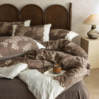 Retro Style Full Cotton Edge Four-Piece Set, Category a Maternal and Infant Grade Autumn and Winter Thickeneded Quilt Cover Bed Sheetss Cotton and Linen Yarn-Dyed Three-Piece Set