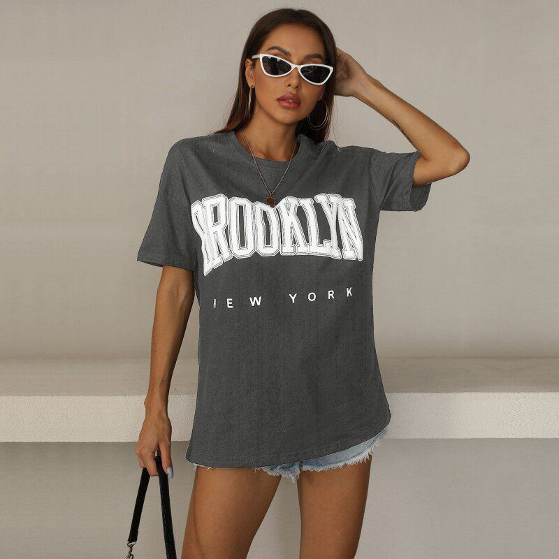 Loose Fit Printed Black T Shirt for Women Summer Style Round Neck Casual Wear Wholesale Available
