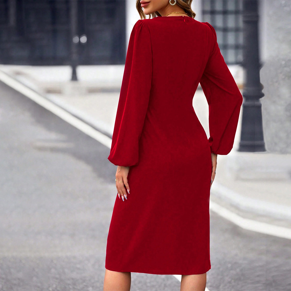Elegant Midi Dress Side Slit Square Neck Waist Cinching Flattering Fit Perfect for Parties and Formal Events