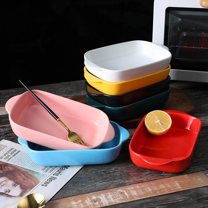 Baking Plate Baking Cheese Baked Rice Pasta Plate Bowl Binaural Long Plate Baking Bowl Oven Household Tableware Ceramic Plate