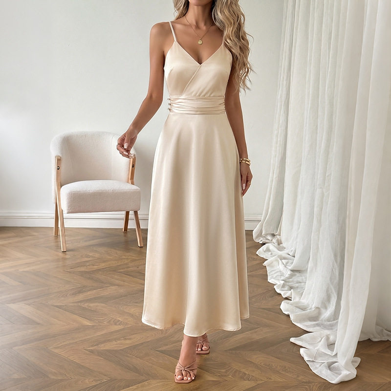 Champagne Satin V Neck Slip Dress Minimalist Elegant Design Perfect for Parties and Special Occasions Wholesale