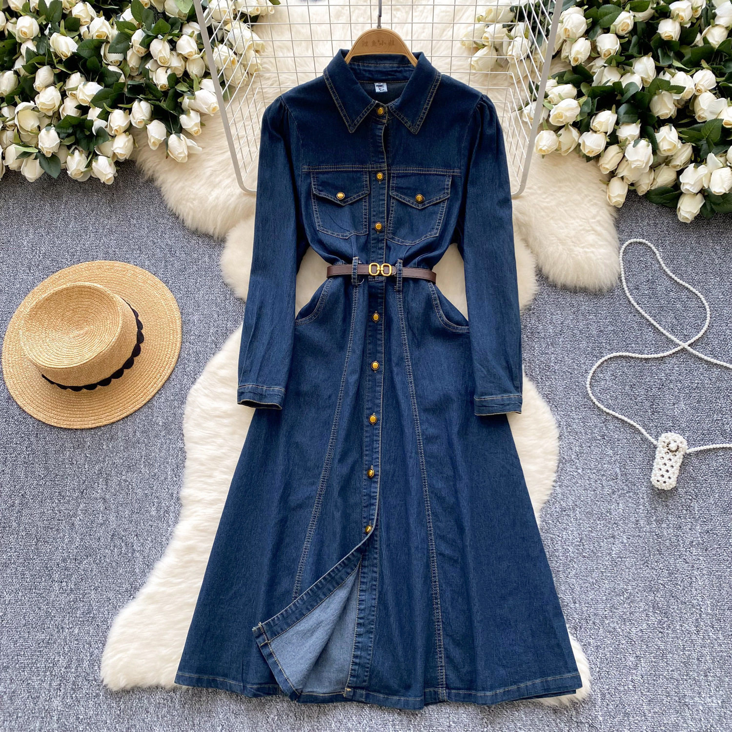 Vintage Style Denim Polo Dress for Women Slim Fit Belted Button Design Elegant Long Dress for Winter Wholesale