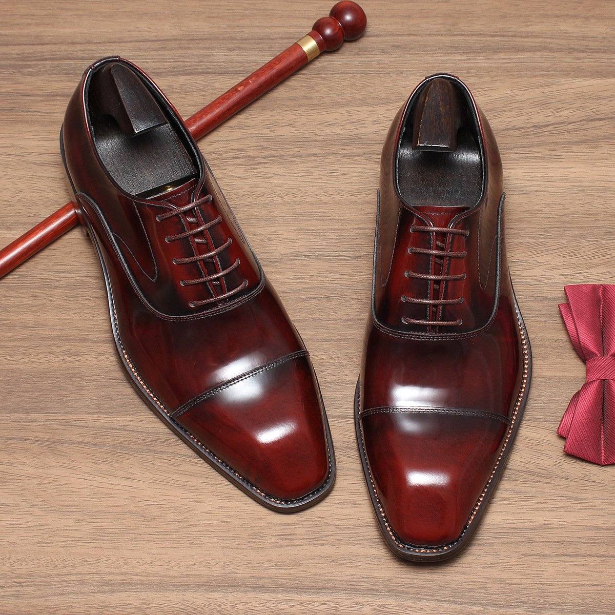 Giày Oxford nam da bò thật đánh màu thủ công, giày công sở dự tiệc — Xanh ngọc lam, màu đen, Màu đỏ rượu, Màu nâu vàng