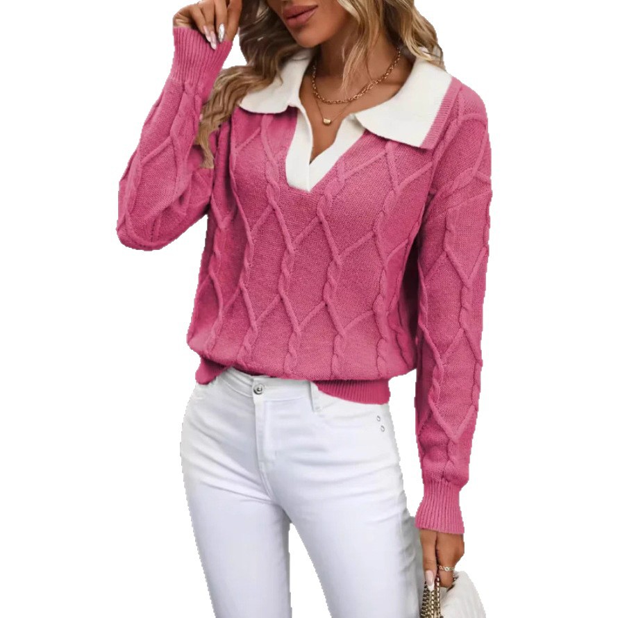 Elegant Womens Color Block Knit Sweater Long Sleeve Lapel Collar Autumn Winter Style Wholesale Available