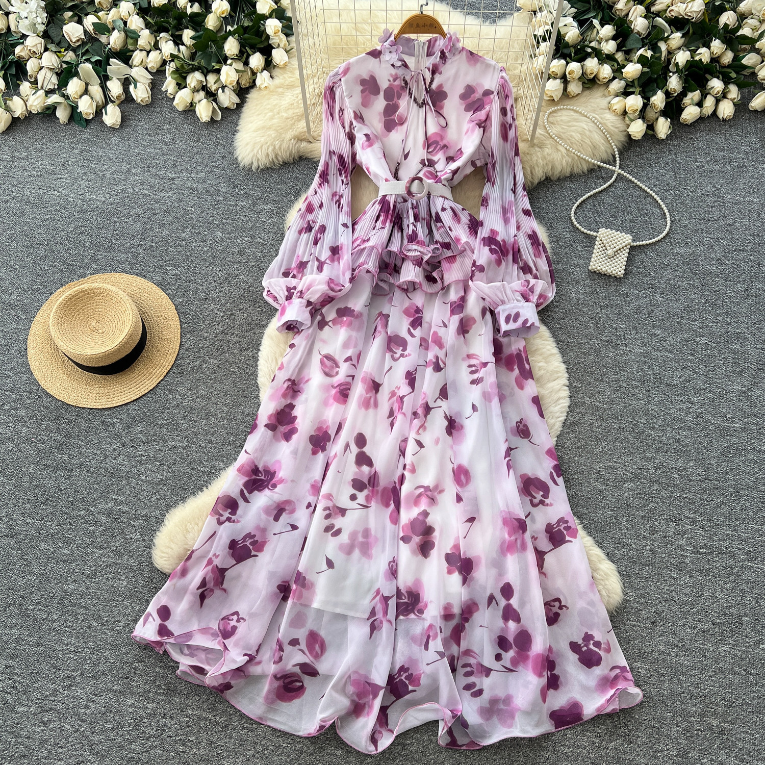 French Style Long Sleeve Stand Collar Lantern Sleeve Printed Chiffon Dress for Women Elegant A Line Silhouette Summer